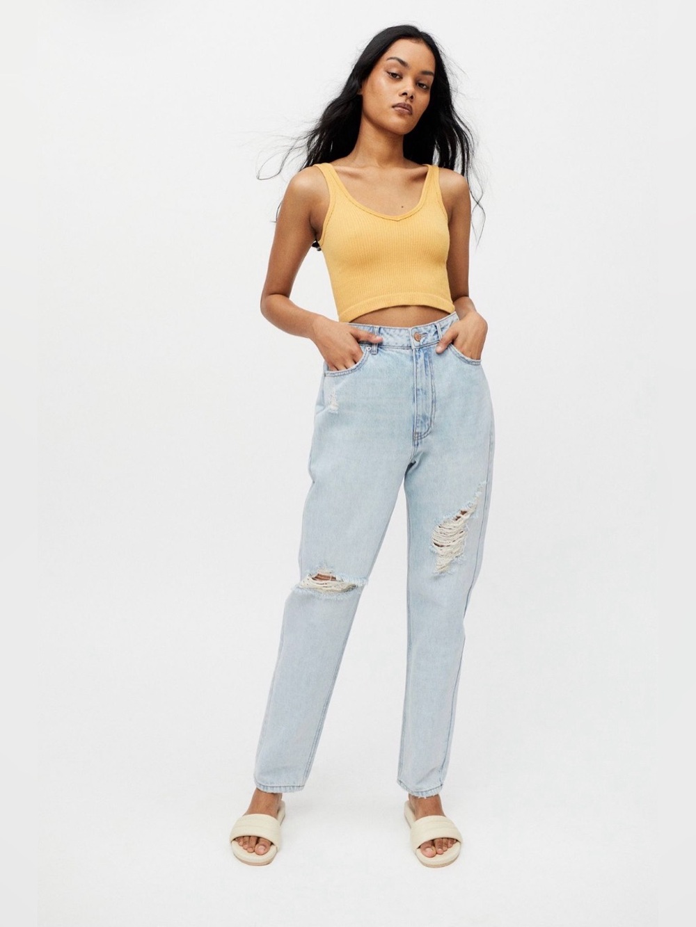 BDG High Waisted Light Wash Ripped Mom Jeans